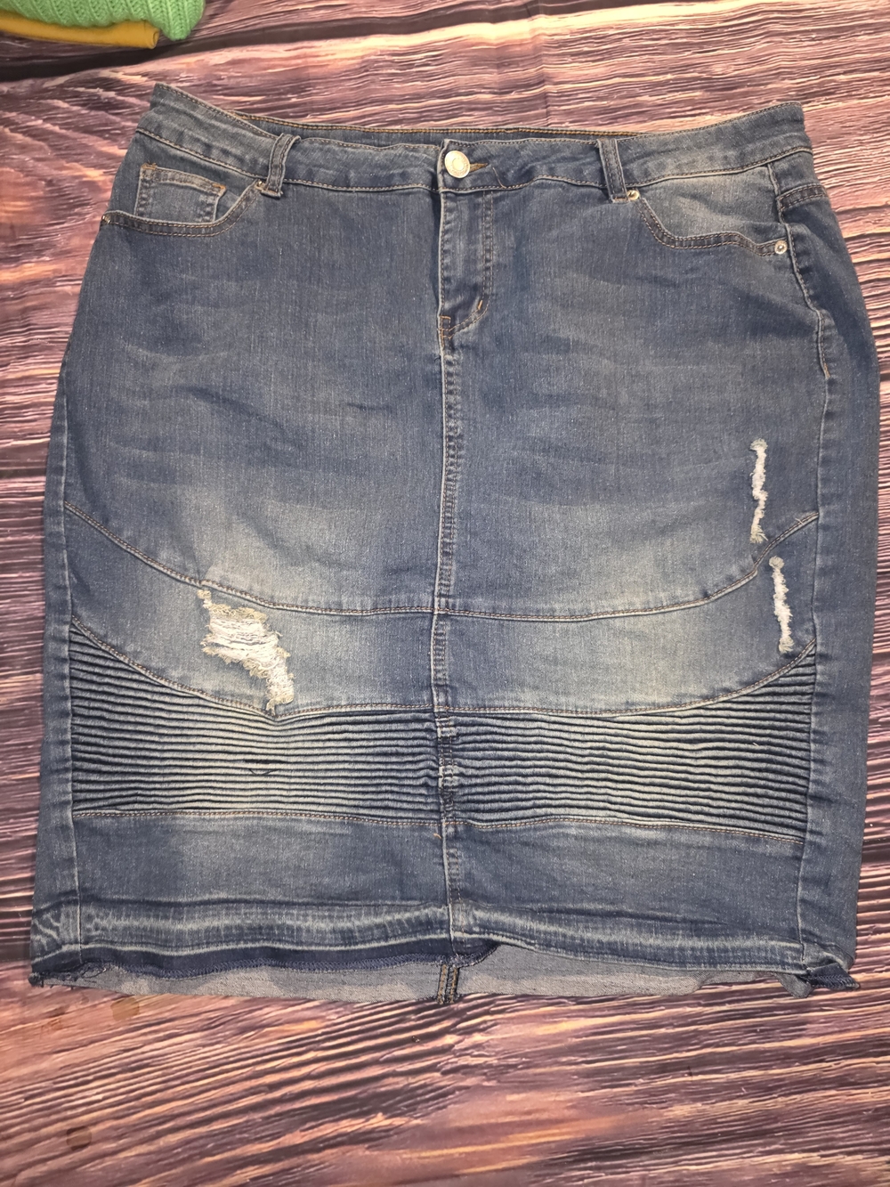 Dark Blue Denim Distressed Pencil Skirt